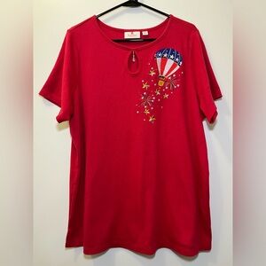 Quacker Factory Fourth Of July Americana Patriotic Hot Air Balloon Shirt Red 1X